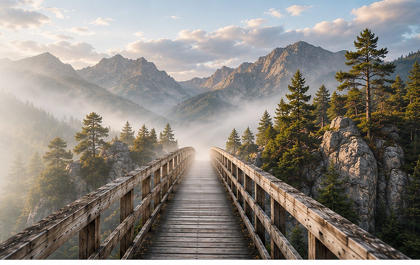 A wooden bridge leading through misty mountains — a path of transition and healing